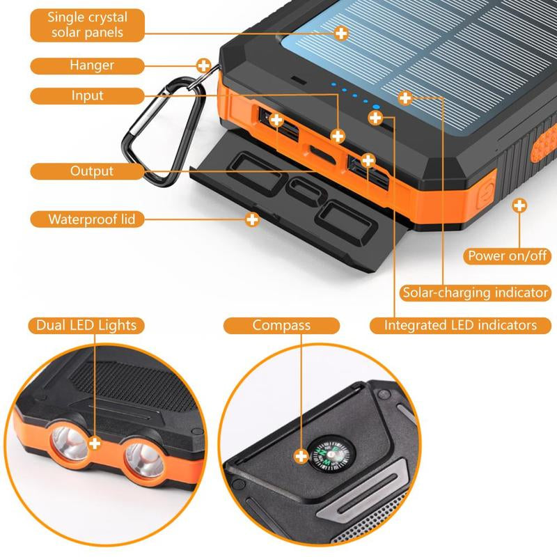 High-Capacity 10000mAh Solar Power Bank - Waterproof Dual USB Charger with LED Light for iPhone & Android