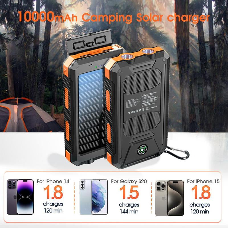 High-Capacity 10000mAh Solar Power Bank - Waterproof Dual USB Charger with LED Light for iPhone & Android