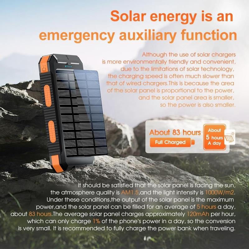 High-Capacity 10000mAh Solar Power Bank - Waterproof Dual USB Charger with LED Light for iPhone & Android