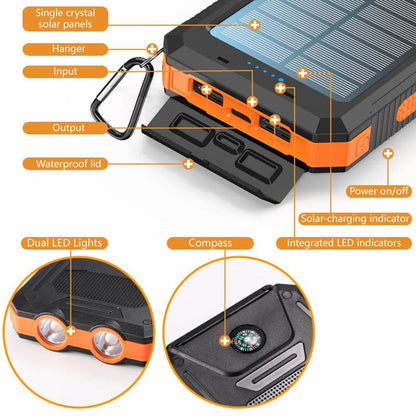 High-Capacity 10000mAh Solar Power Bank - Waterproof Dual USB Charger with LED Light for iPhone & Android
