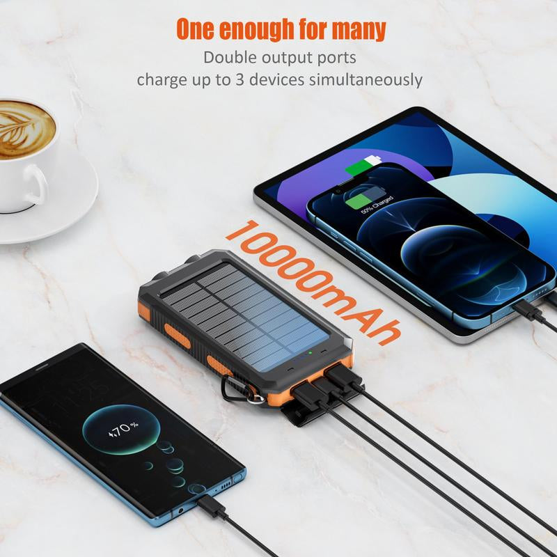 High-Capacity 10000mAh Solar Power Bank - Waterproof Dual USB Charger with LED Light for iPhone & Android
